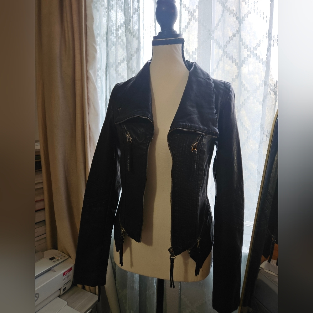 Womens Lulu's Black Faux Leather Jacket with Zipper Details